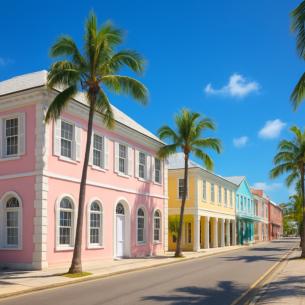 Pastel colonial buildings in historic downtown Nassau