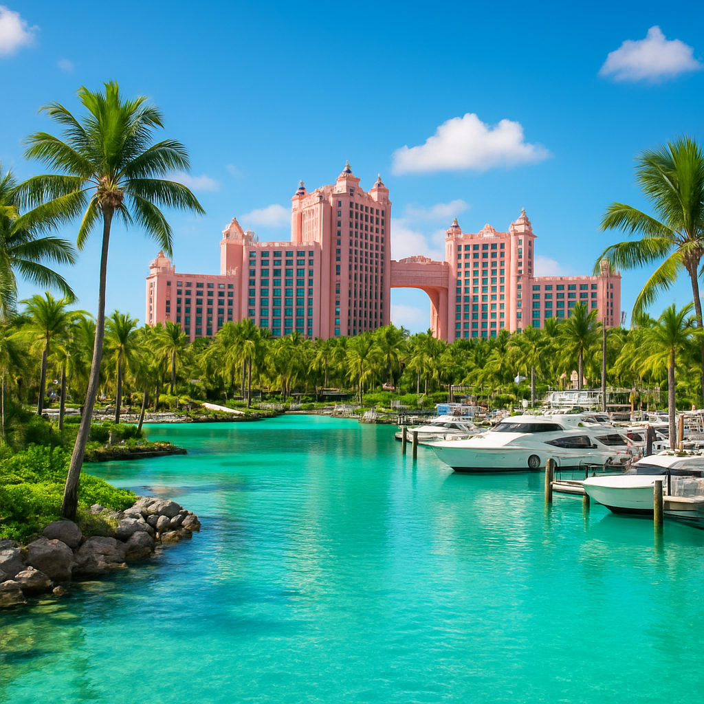 Pastel resorts and turquoise lagoon at Paradise Island